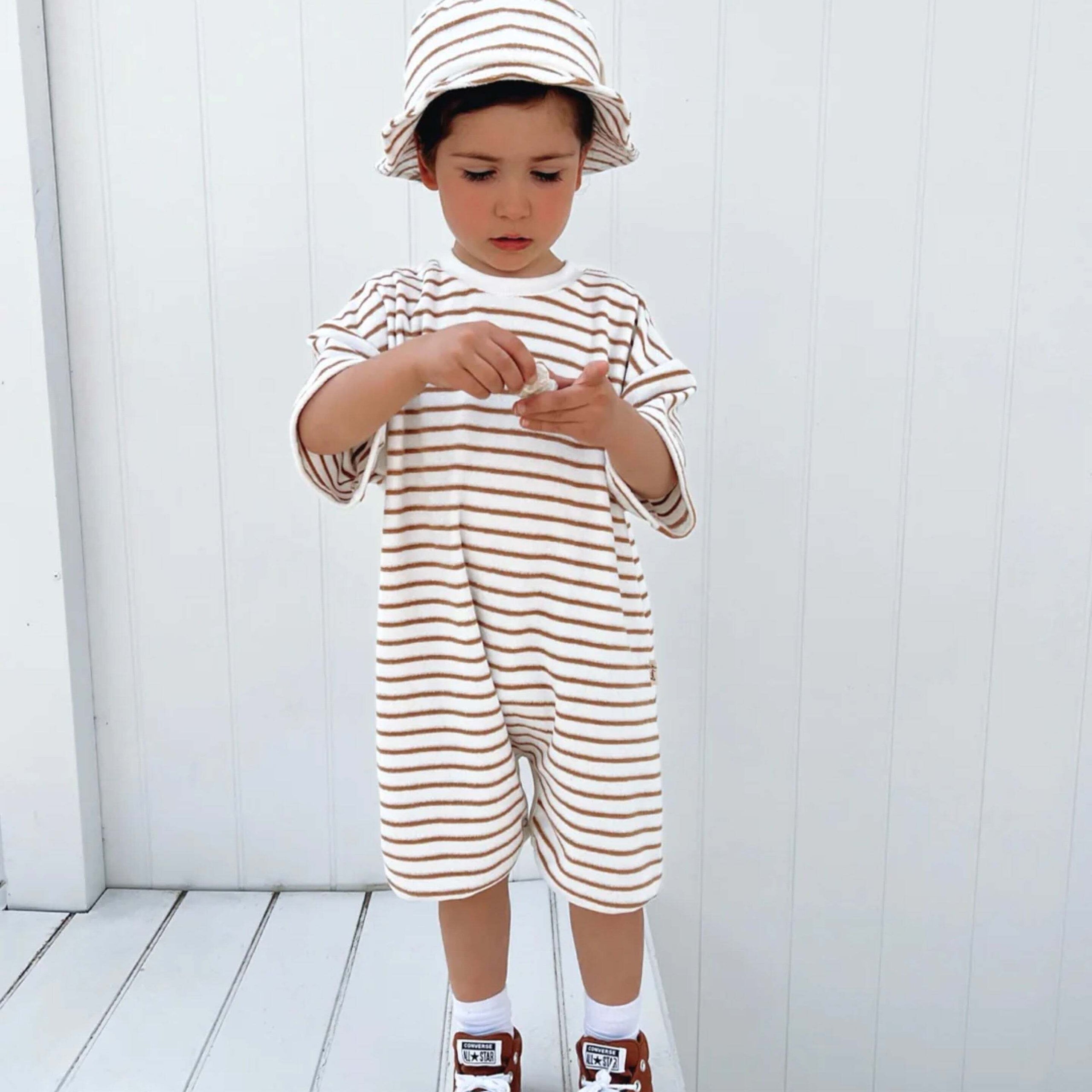 Bobby G - Roomy Romper in Caramel Stripes | Milk + Honey